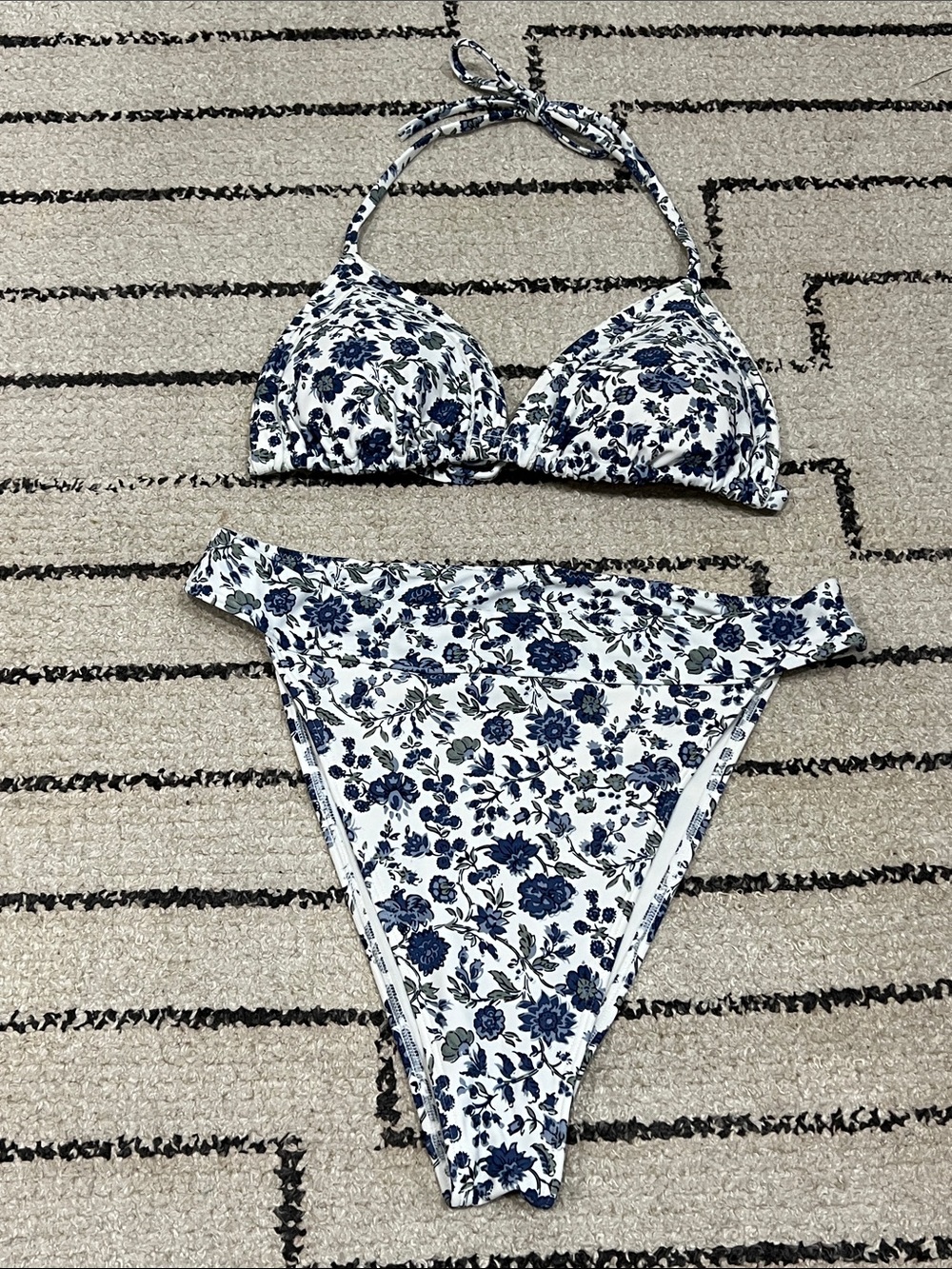 Abercrombie & Fitch High Rise White Bikini Top with Blue Floral Print